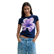Desigual women blue cotton short sleeve t shirt with round neck and vibrant purple hibiscus flower graphic