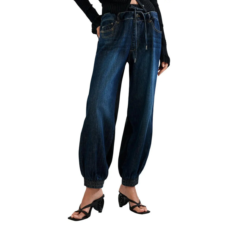 Jean Desigual pour femme en denim bleu mélangé coton, pantalon taille haute bleu foncé avec cordon de serrage et chevilles élastiques