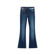 Jean Desigual pour femme en denim bleu, coton stretch, coupe évasée bleu foncé et ceinture à motif floral