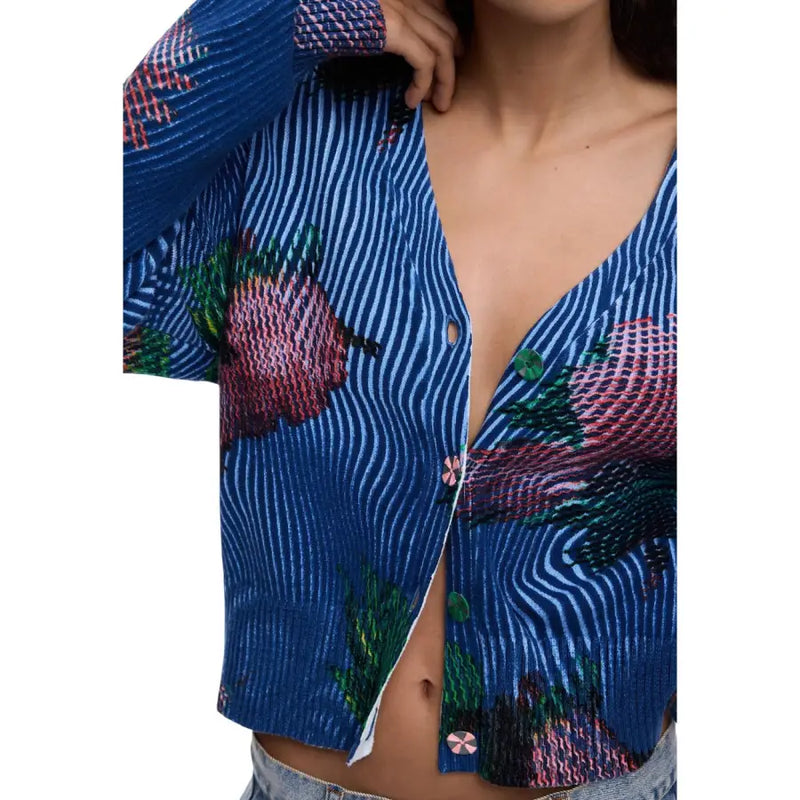 Desigual women blue floral knitted cardigan with v neck long sleeves featuring pink and green strawberry patterns