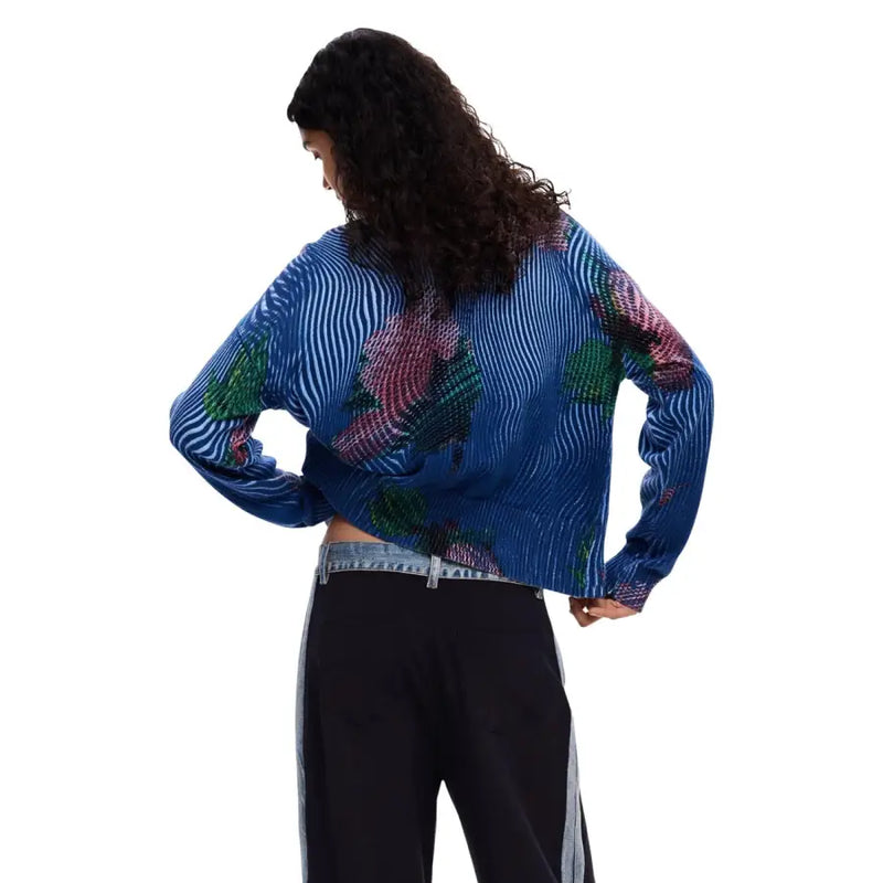 Desigual women blue floral button cardigan with ribbed knit cropped sweater and vibrant pink and green pattern