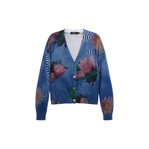 A vibrant blue knit Desigual women floral button cardigan with pink and green blossoms over wavy white stripes
