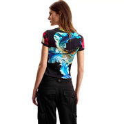 Black short-sleeved cotton t shirt by desigual featuring vibrant blue turquoise feather print with pink and gold accents