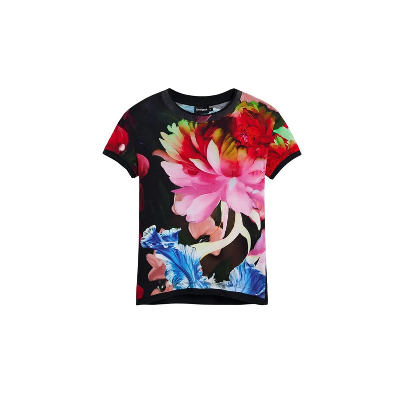Black Desigual women blue floral cotton round neck t shirt with vibrant pink red peonies and blue petals print