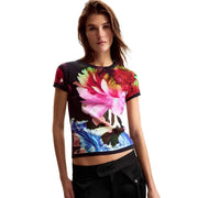 Desigual women blue floral cotton round neck t shirt featuring vibrant pink red and blue blossom print crop top