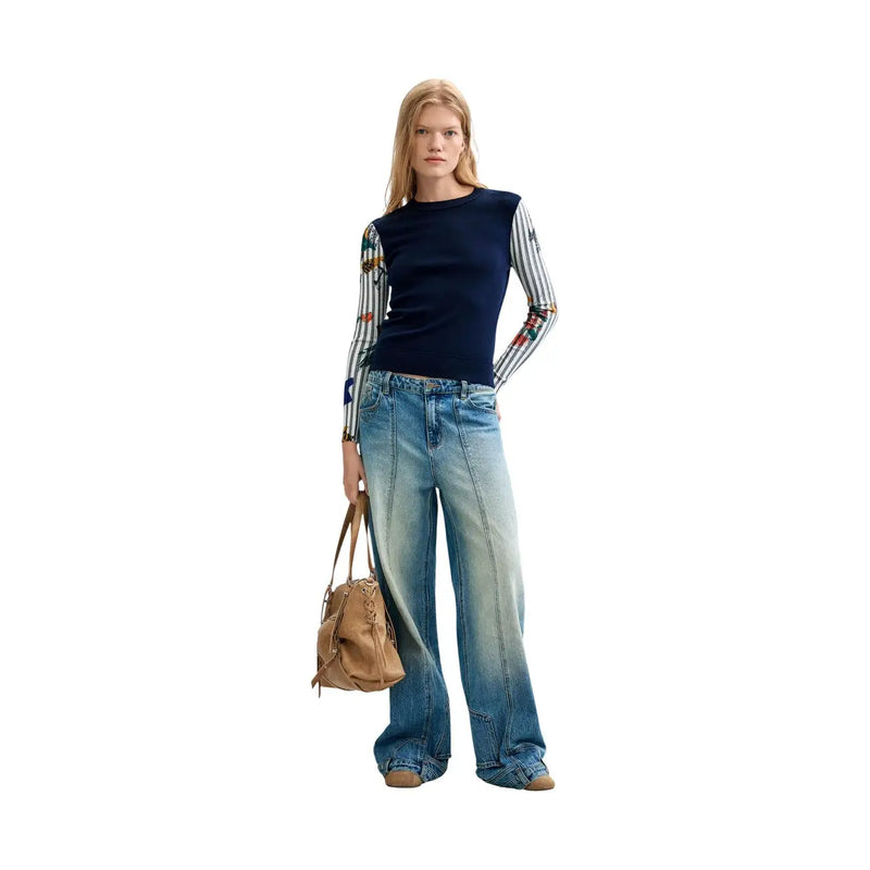 Pull Desigual bleu marine pour femme, en maille florale, à manches longues, orné de rayures et de broderies.