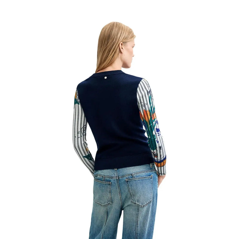 Pull Desigual pour femme, en maille bleue à fleurs, rayée multicolore bleu marine, manches longues et motif graphique sur les manches.