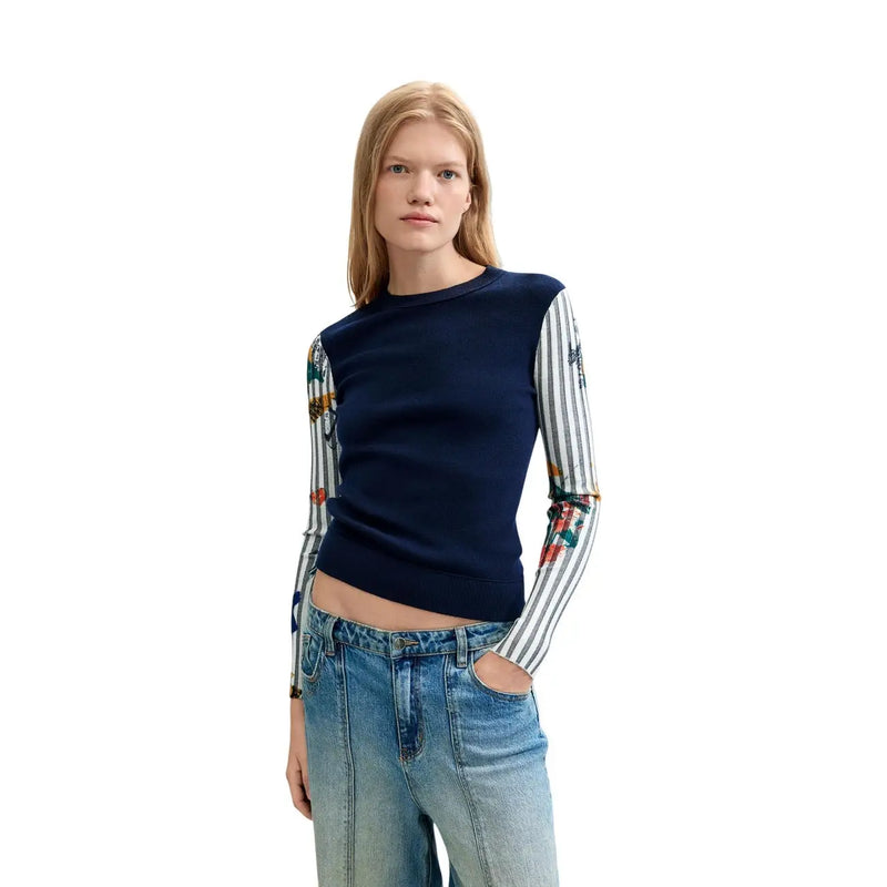Pull Desigual pour femme, en maille douce à motif floral bleu marine et rayures, manches longues.