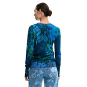 Pull Desigual pour femme, manches longues, col rond, en maille à motif floral bleu vif et turquoise, orné d'un imprimé tie-dye à feuilles.