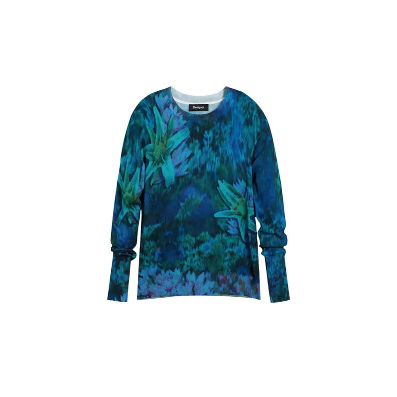 Pull Desigual pour femme, manches longues, col rond, imprimé floral aquatique, dans des tons de bleu profond et de turquoise.