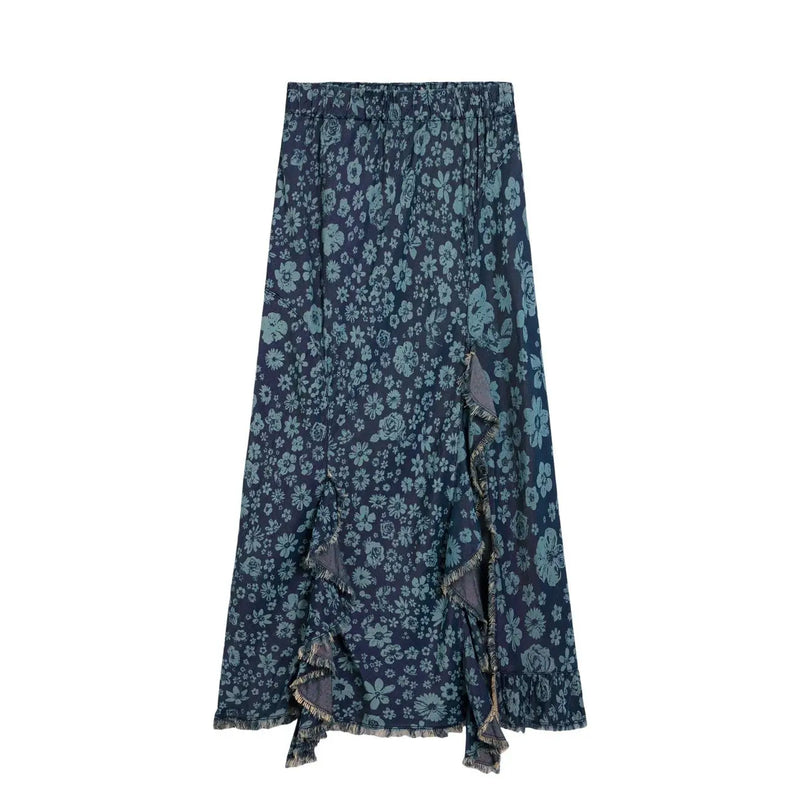 Desigual women blue floral lyocell maxi skirt with ruffled frayed hem and elastic waistband for spring summer