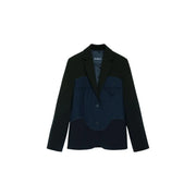 Desigual women blue geometric blazer in viscose blend featuring black and navy patchwork with pinstriped panel and stitching details