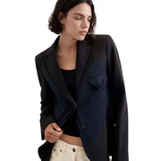 Black Desigual women blue geometric blazer with navy pinstripe patch structured design and viscose blend fabric