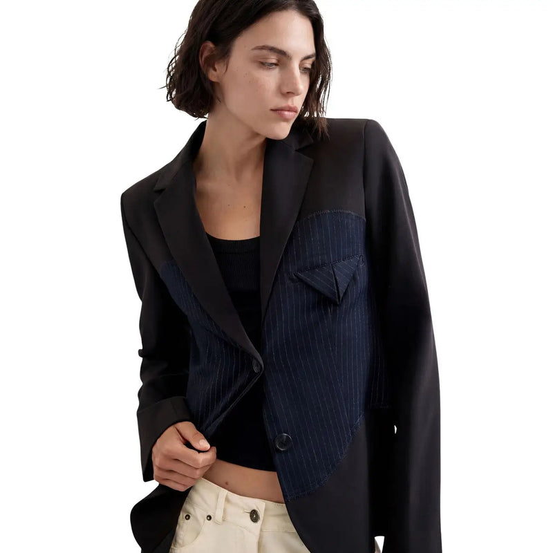 Black Desigual women blue geometric blazer with navy pinstripe patch structured design and viscose blend fabric