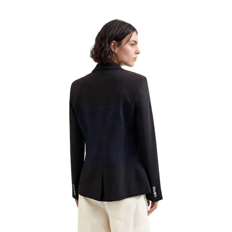 Back view of desigual women blue geometric blazer in viscose blend with navy pleated panel and decorative cuff buttons