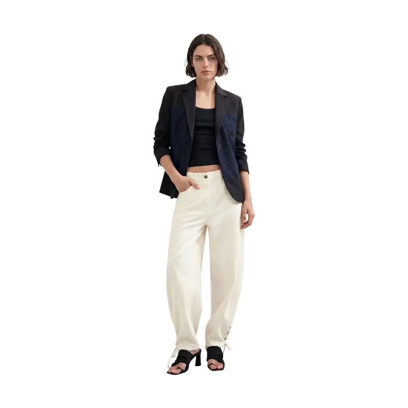 Cream-colored wide-leg trousers with relaxed fit and subtle side detailing complementing desigual women blue geometric blazer viscose blend