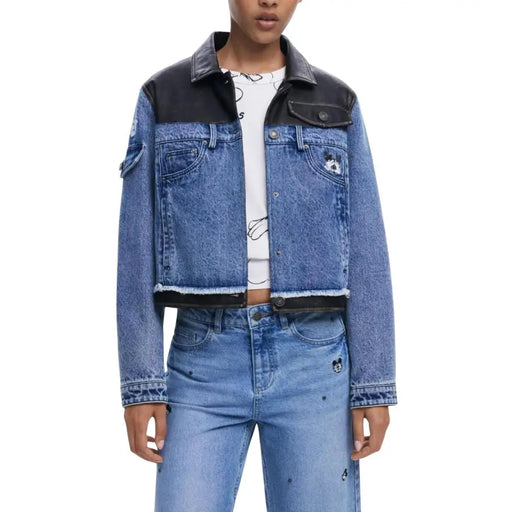 Women’s two-tone denim jacket with black faux leather accents and embroidery for Desigual Women Blue Long Buttoned Fall Winter Blazer