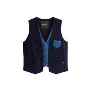 Gilet sans manches à fines rayures bleu marine pour femme de Desigual, avec doublure intérieure en denim et poches travaillées.