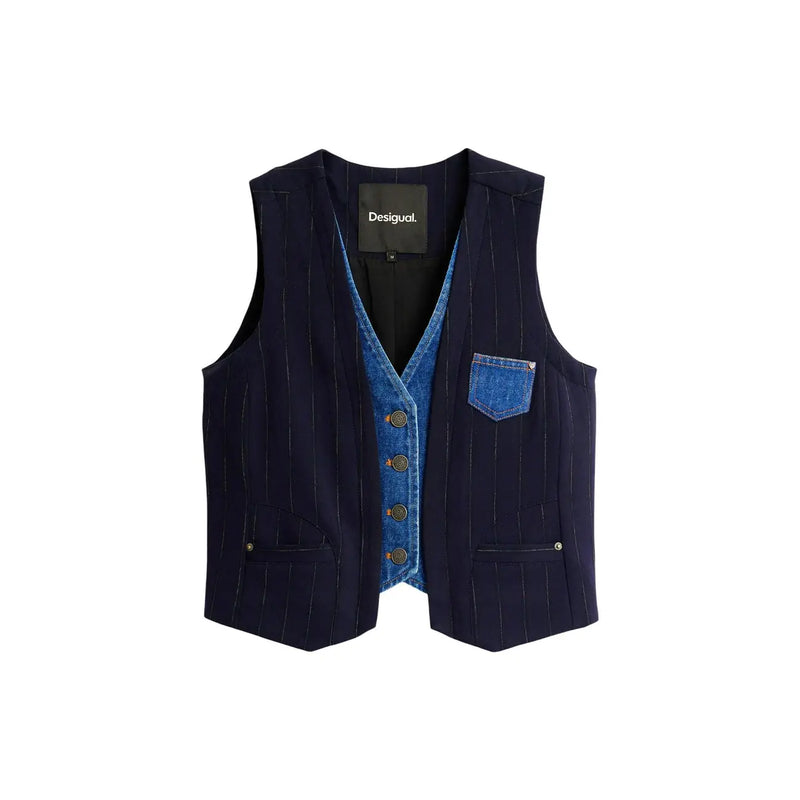 Gilet sans manches à fines rayures bleu marine pour femme de Desigual, avec doublure intérieure en denim et poches travaillées.