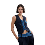Gilet en jean à fines rayures bleu marine avec fermeture à boutons et doublure intérieure en jean bleu contrastant de Desigual Femme