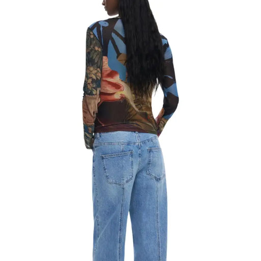 Desigual women’s blue print long-sleeve T-shirt with vibrant earthy tones