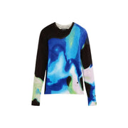 Pull Desigual pour femme, bleu slim, en maille acrylique, manches longues, orné d'un motif abstrait bleu-vert audacieux sur fond noir.