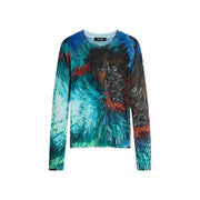 Pull Desigual pour femme en maille viscose bleue, manches longues et imprimé abstrait dynamique bleu sarcelle, rouge et noir.