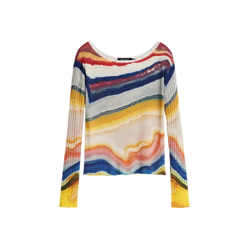 Pull Desigual pour femme en maille viscose bleue à manches longues, orné d'un motif à rayures abstraites fluides rouge, bleu, jaune et blanc.