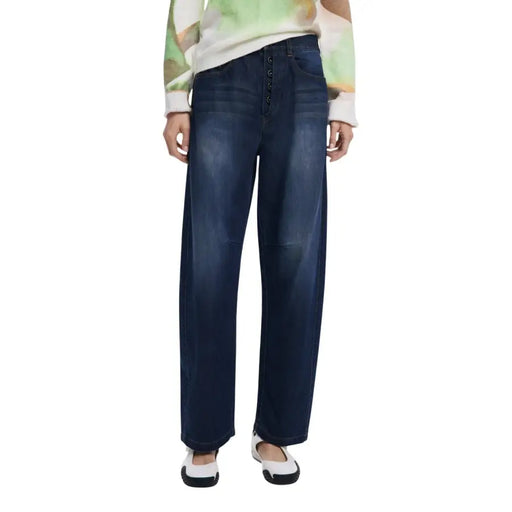 Desigual Women Blue Worn Out Effect Fall Winter Jeans with dark wash wide-leg fit