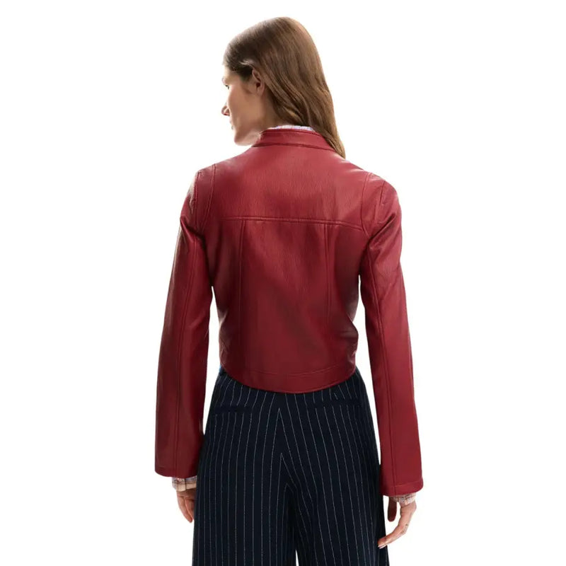 Desigual women Bordeaux polyurethane blazer in sleek crimson red leather with structured fit and subtle stitching details