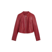 Desigual women bordeaux polyurethane blazer with mandarin collar featuring a sleek crimson-red leather cropped moto jacket style