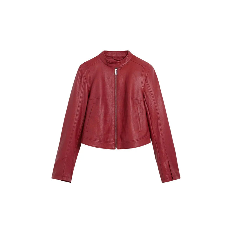 Desigual women bordeaux polyurethane blazer with mandarin collar featuring a sleek crimson-red leather cropped moto jacket style