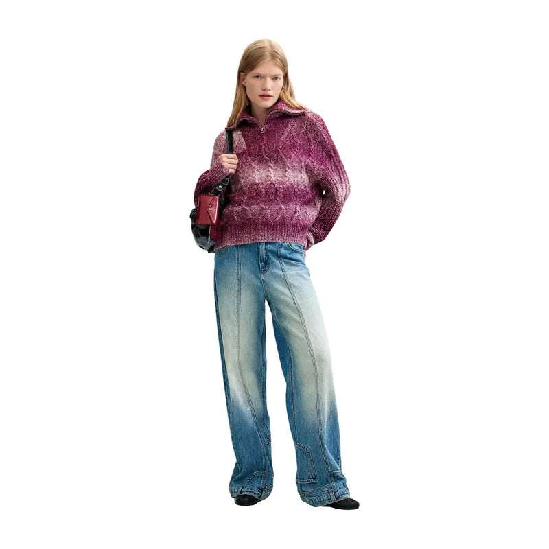 Pull Desigual pour femme, en maille bordeaux mélangée, dans un dégradé rose et violet confortable avec un motif à torsades texturé.