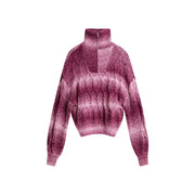 Pull Desigual pour femme, en maille de laine mélangée bordeaux à dégradé rose, avec col montant texturé et fermeture éclair à mi-hauteur.
