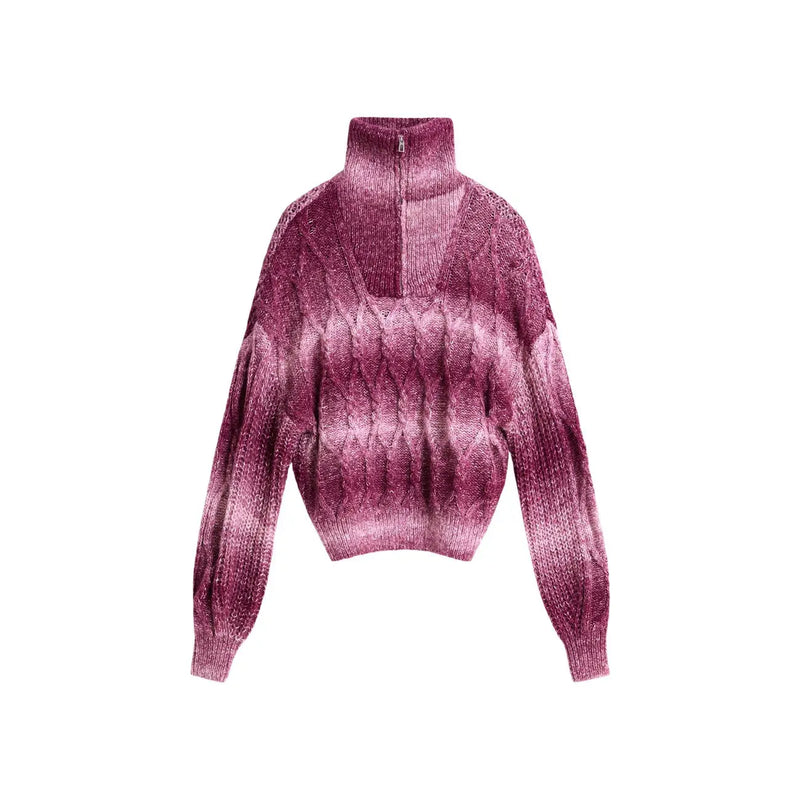 Pull Desigual pour femme, en maille de laine mélangée bordeaux à dégradé rose, avec col montant texturé et fermeture éclair à mi-hauteur.