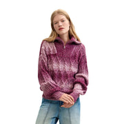 Pull Desigual pour femme, en maille bordeaux mélangée, à torsades dégradées rose et violet, avec col zippé à mi-hauteur.