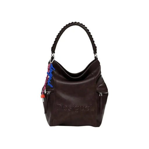 Dark brown leather hobo bag with braided strap and colorful tassel charm for Desigual Women handbag