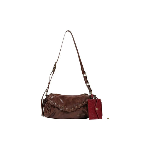 Sac bandoulière Desigual pour femme en similicuir marron avec détails de lacets effilochés et portefeuille rouge assorti inclus