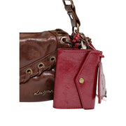 Desigual women brown faux leather bag 17 cm with glossy red leather wallet featuring gold snap button and embossed details