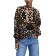 Pull Desigual pour femme, en maille acrylique marron à col rond, imprimé léopard et motif Minnie Mouse noir.