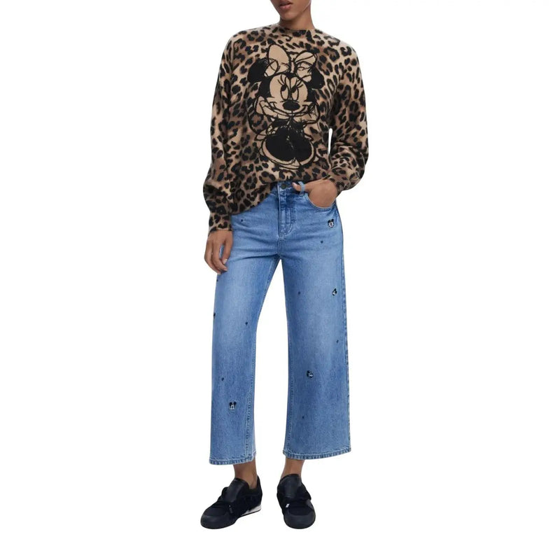 Pull Desigual pour femme, imprimé léopard marron, en acrylique mélangé, col rond et motif Minnie Mouse noir sur le devant