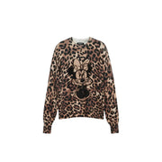 Pull Desigual pour femme, en maille marron acrylique à col rond, imprimé léopard et broderie Minnie Mouse noire.