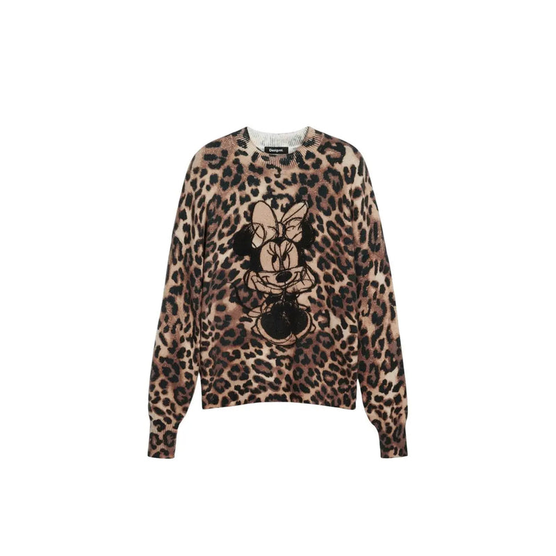 Pull Desigual pour femme, en maille marron acrylique à col rond, imprimé léopard et broderie Minnie Mouse noire.