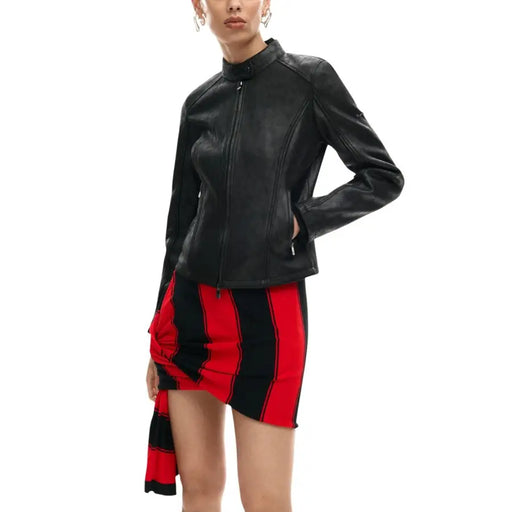 Blazer Desigual marron à fermeture éclair pour femme avec poches, devant de veste de motard en cuir noir