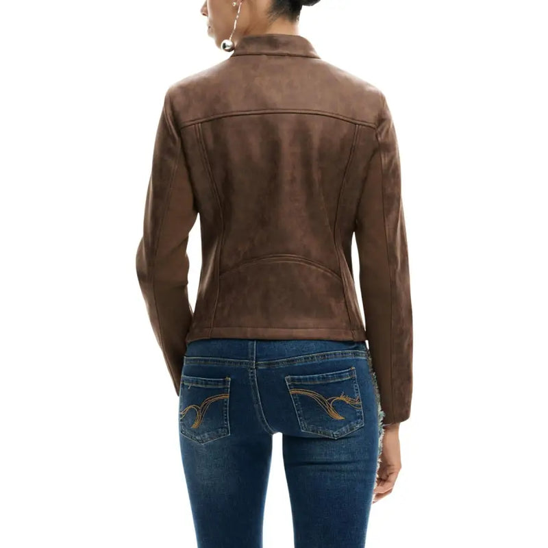 Brown suede moto jacket with classic collar and seam detailing featured in Desigual women brown zip blazer with pockets