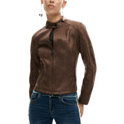 Desigual women brown suede moto jacket with high collar zippered front and pockets for stylish outerwear use