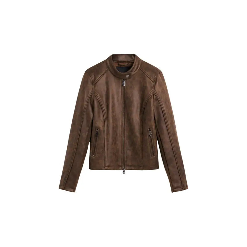 Brown suede moto jacket with classic collar front zipper and pockets from desigual women zip blazer collection