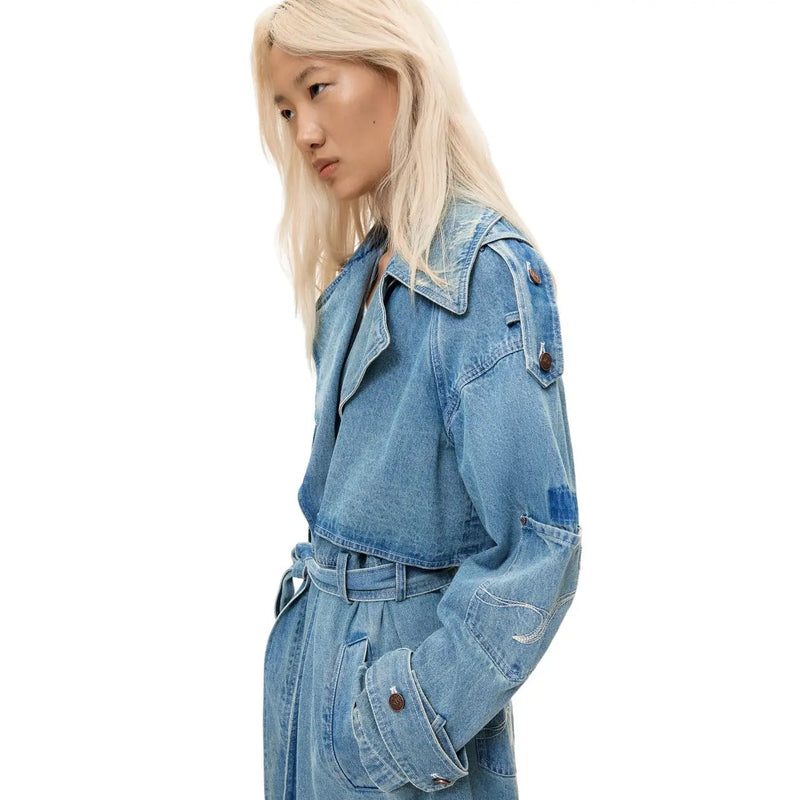 Light-wash denim trench coat with patchwork details and brown buttons from Desigual women cotton blazer blue buttoned pocket