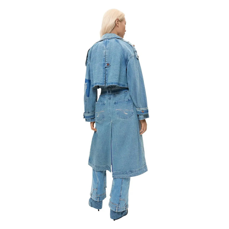 Desigual women cotton blazer in blue with buttoned pocket featuring light-wash denim trench coat patchwork and cropped hem