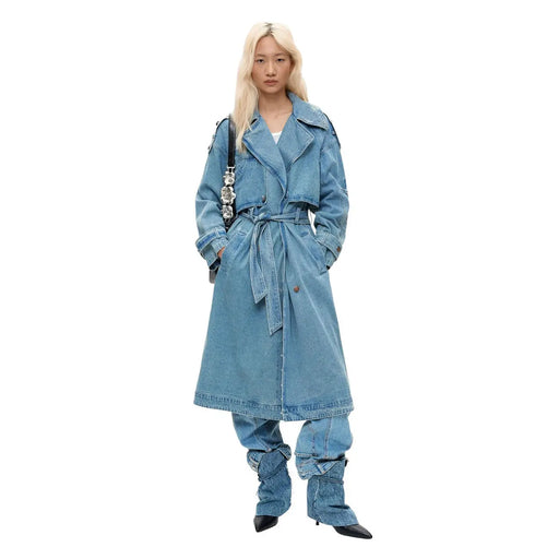 Blazer en coton Desigual pour femme, trench-coat en denim bleu avec ceinture à la taille et poignets retroussés